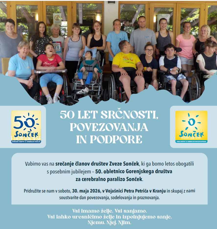 Vabilo na srečanje društev Zveze Sonček in praznovanje 50-letnice Gorenjskega društva za cerebralno paralizo
